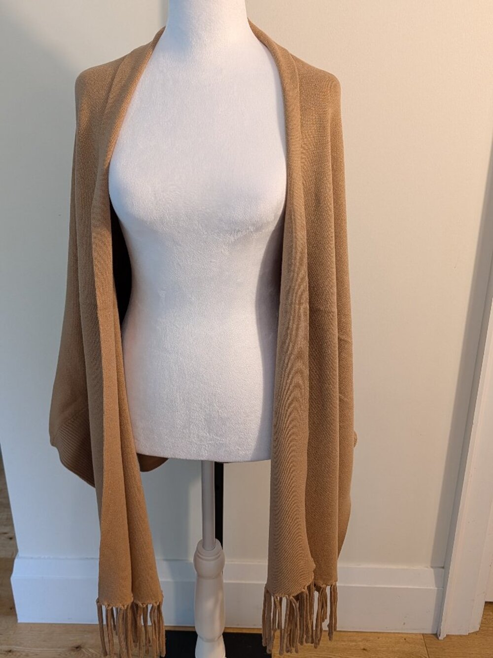 Soia & Kyo Camel Knit Wrap Shawl Fringe Sleeves | One Size